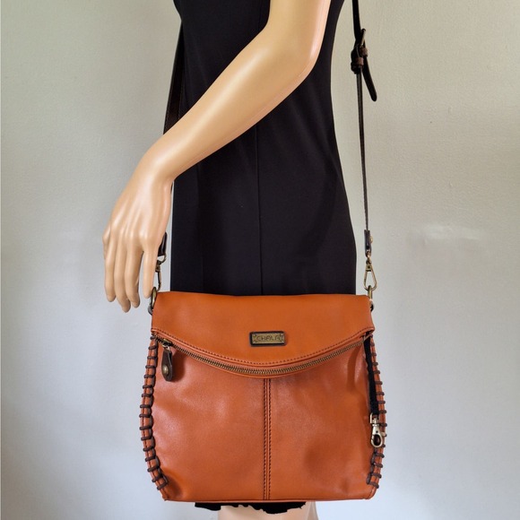 Chala Faux Vegan Leather Fold Over Crossbody Bag Purse Cognac Boho Earthy - Picture 3 of 10